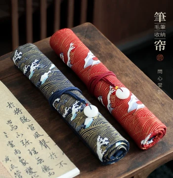 Wenxintang Wave Fabric Brush Roll Bag Calligraphy Storage Jade Button Brush Roll Four Treasures of the Study Painting Tools Brush Paper Cutter Simple Printed Canvas Storage Bag