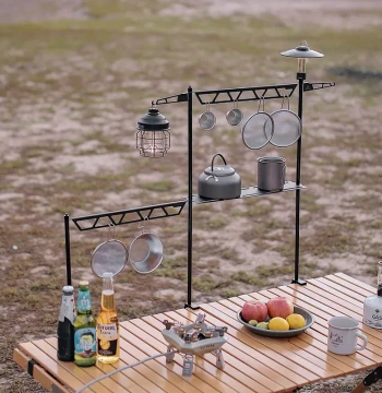 Multifunctional Outdoor Storage Rack, Foldable Multi-Tier Camping Tabletop Shelf for Utensils, Lamp, Storage, and Hanging