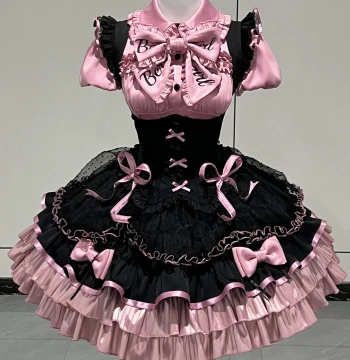 [Group 2 Deposit] Little Milk Candy Heartbeat Support Black-Pink Shirt & Bustier SK Set - Lolita Dress