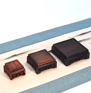 Red Rosewood Seal Base, Solid Wood Carved Square Concave Stand, Classical Engraved Collectible Display Base, Small Size