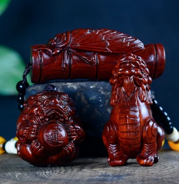 High-Density Rosewood Carved Hand Piece with Rhinoceros Horn Motif, Exquisite Real Wood Sculpture of Pixiu, Money Toad, Dragon Turtle, and Ruyi for Gift Giving