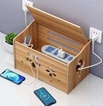 Power Strip Organizer Box Wooden Desktop Cable Management Hub for Cords and Sockets