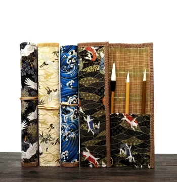 Juwentang Bamboo Brush Roll Case - Traditional Style Cloth Pouch for Calligraphy Brushes
