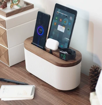 Black Walnut Power Strip Organizer Box for Cables, Phones, Watches, Tablets, and iPad