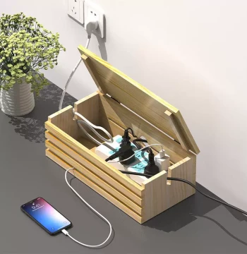Solid Wood Power Strip Organizer Box, Cable Management Case for Extension Cords and Data Lines, Desktop Cord Organizer