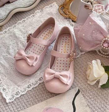 [Deposit Group 12] Hug Bear Glossy Mid-Low Heel Lolita Shoes - Sheep Puff with Bear Bow