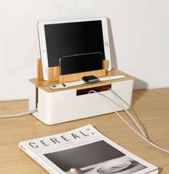 Power Strip and Socket Storage Box, Organizer for Power Cords, Data Cables, Chargers, and Wires, with Phone and Tablet Stand