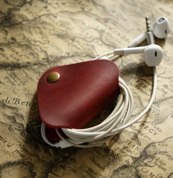 Genuine Leather Headphone Cable Organizer with Snap Button
