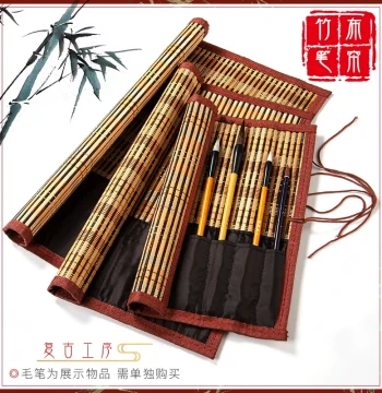 Mimo Four Treasures of the Study Brush Calligraphy and Painting Supplies, Rolling Brush Protector with Pouch, Bamboo Brush Mat Storage Curtain, Large/Medium/Small Rolling Pencil Cases, Bamboo/Linen/Canvas High-Capacity Brush Mats