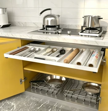 Cabinet Slide-Out Storage Tray Basket, Acrylic Drawer Insert for Elevated Cabinet Dividers, Custom Cutlery Organizer