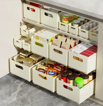 Cabinet Storage Box, Drawer-Style Extendable Desktop Organizer for Snacks and Misc Items, Deep Cabinet Right-Angle Storage Container