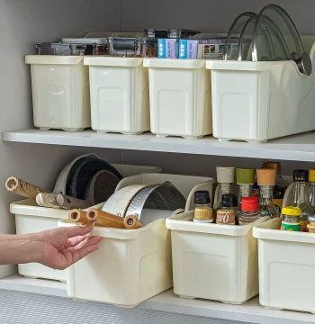 Kitchen Cookware Storage Box with Lid and Spice Organizer, Under-Sink Cabinet Rack with Wheels, Multifunctional Storage Shelf