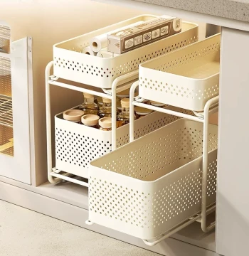 Multi-Functional Under-Sink Kitchen Storage Rack with Pull-Out Basket for Pots, Pans, and Condiments