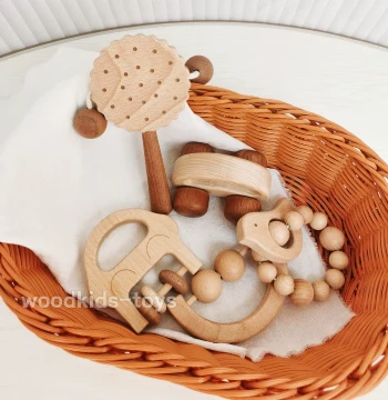 Woodkids Baby Rattle Educational Toy, Chewable Wooden Clapper for Full-Month Celebration and Grasping Practice