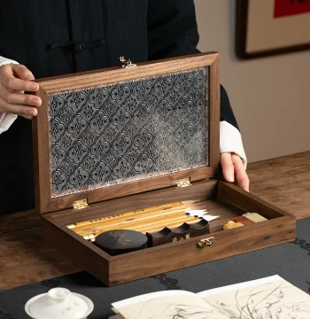 Shanlian Huzhou Brush Walnut Wood Storage Box - Premium Scholar's Four Treasures Set for Calligraphy Display, Ideal for Beginners and Women, Includes Seal Tray, Solid Wood Tool & Jewelry Case