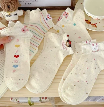 Women's Dot Mesh Short Socks, Ins Style Spring Summer Thin Cute Japanese Cartoon Rabbit Ankle Socks, Low-Cut Boat Socks