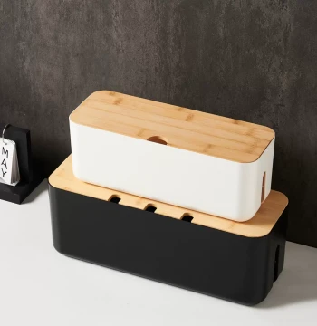 Bamboo-Lid Cable Management Box, Desktop Cord Organizer for Power Strips, Sockets, and Data Cables