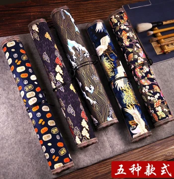 Brush Roll Calligraphy Brush Storage Roll-Up Bag Painting Scroll Pencil Case Gold-Stamped Brush Bag Vintage Handmade Fabric Portable
