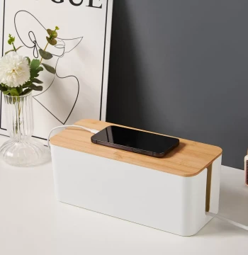 Creative Minimalist Desktop Cable Box with Bamboo Wood Lid, Cord Organizer, Power Strip Storage, Charger Holder