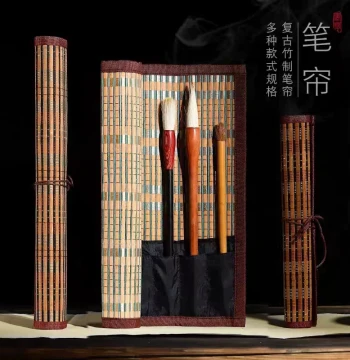 Large/Medium/Small Bamboo Woven Brush Roll Case, Portable Retro Style Storage Bag for Calligraphy Brushes