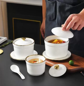 Home Bone China Double-Boiler Pot - Small Lidded Ceramic Steamer for Bird's Nest, Eggs, or Single-Serve Soups