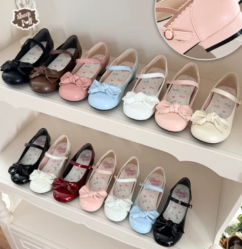 [Deposit] Slightly Round Wrapped Heel Low Heel Matte Shiny Leather Sheep Puff Lolita Bow Low-Heel Shoes