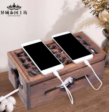 Solid Wood Power Strip Organizer Box, Office Desktop Cable Management Solution for Sockets and Power Cords