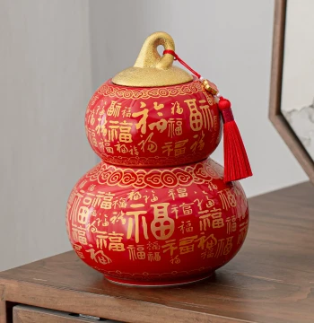 Chinese Double-Layer Peace and Blessings Gourd Jar, Elegant Ceramic Sealed Moisture-Proof Tea Caddy with Premium Feel