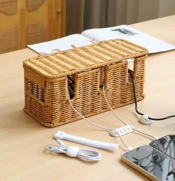 Rattan-Style Power Strip Organizer Box, Socket and Charging Cable Desktop Wire Collection Box, Decorative Cover