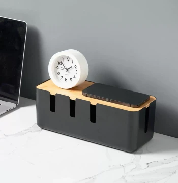 Home Desktop Wire Organizer Box, Creative Seven-Hole Bamboo Lid Cable Collection Box for Power Strips, Chargers, and Cords