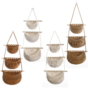Wall or Door-Mounted Cotton Rope Storage Rack - 3-Tier Hanging Basket for Organizing Miscellaneous Items
