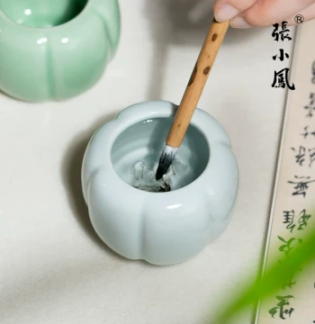 Zhang Xiaofeng Celadon Pumpkin-Shaped Brush Washer for Calligraphy and Chinese Painting, Multi-Function Ink Well, High-End Brush Washing Basin, Ink Pool, Ink Saucer, and Inkstone for Beginners