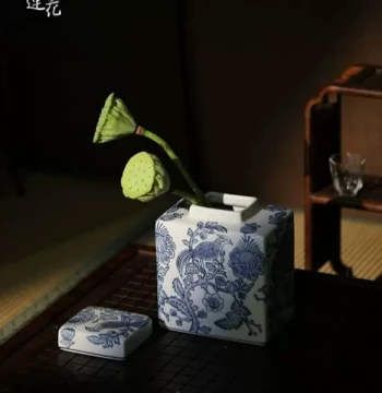 Vintage Blue & White Square Hand-Painted Flower & Bird Porcelain Ornament New Chinese Style Tabletop Decor