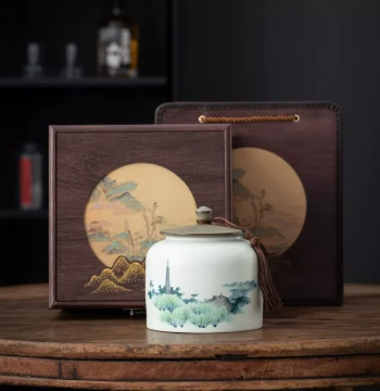 Chinese Landscape Painting Ceramic Tea Canister with Lid Moisture-Proof Storage Jar Wooden Box Packaging Gift Sealed Ceramic Gift Box