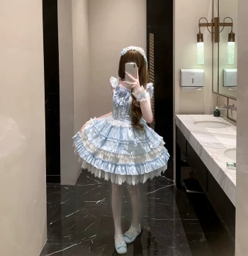 Shengqing Original Lolita Ice Blue Overture JSK Summer Light Lolita Daily Fresh Dress Suspender Dress