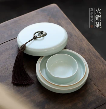 Wenxin Tang Celadon Hotpot Inkstone Ceramic Ink Well and Saucer with Lid and Brush Washer