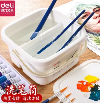 Deli 2-in-1 Brush Washing Bucket - Portable Hand-Carried Container for Watercolor, Gouache, and Acrylic Paints with Toothed Rim for Art Students