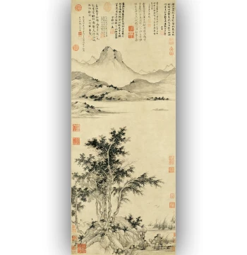Yuan Shengmao 'Autumn River Awaiting Ferry' Chinese Painting, Landscape Art Copy Template, Core Line Drawing for Club Decoration, Famous Artist Calligraphy