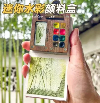 Mini Watercolor Paint Set with Portable Walnut Wood Palette for Travel Sketching