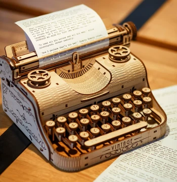 EWA Vintage Typewriter Handcrafted Wooden Building Block Model Educational Puzzle DIY Gift for Boys and Girls