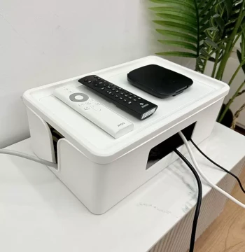 Desktop Power Strip and Cable Organizer Box - Cord Management Solution for Office Charging Cables and Data Lines