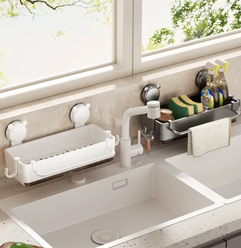 Suction Cup Drainage Basket, Multi-Function Kitchen Sink Organizer with Cloth Rod, Sponge Rack, Wall-Mounted Spice Shelf