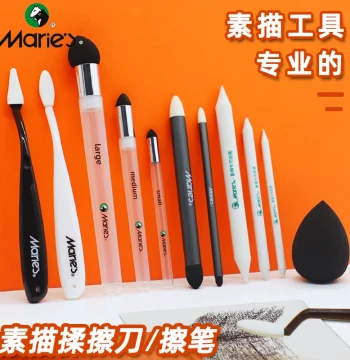 Marie's Sketch Blending Stump Paper Stump Art Student Dual-End Smudging Pen Oil Pastel Blending Highlight Brush Scraper Replacement Heads Makeup Sponge Ball Tool Set Gray Tone Pen Soft Blender