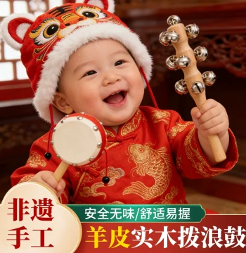 Baby Rattle Toy - Chewable Wooden Handheld Drum with Sheepskin, Traditional Newborn Toy for Boys and Girls