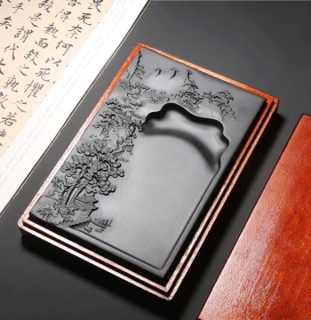 Premium She Inkstone, Master-Designed Landscape Inkstone from Old Pit Raw Stone for Calligraphy and Painting, Cultural Study Gift with Wooden Box, Duan Inkstone