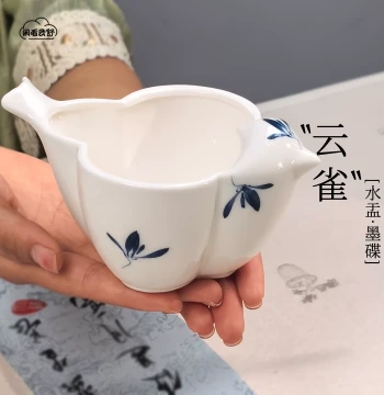 Xian Kan Yun Shu [Cloud Lark] Elegant Brush Washer, Hand-Painted Orchid and Sparrow Design under Glaze, Ceramic Water Pot