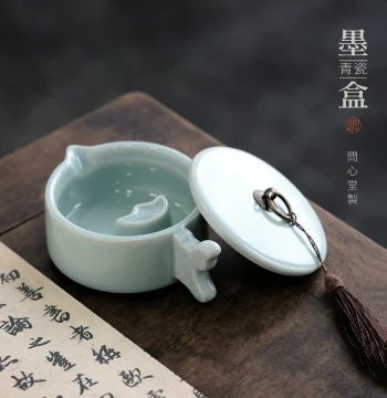 Wenxintang Celadon Ink Box with Lid - Ceramic Ink Tray, Ink Well, Brush Washer, and Rest for Calligraphy and Chinese Painting