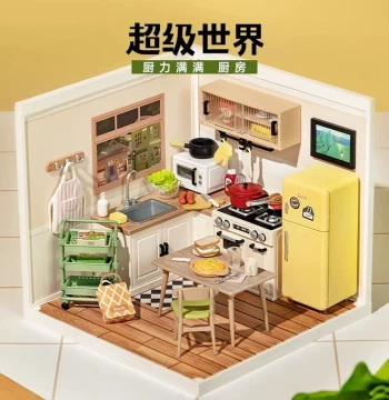 rolife Super World Kitchen Educational Building Block Assembly Model Toy, DIY Miniature House Gift for Children and Women