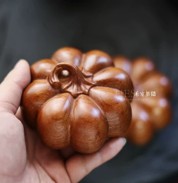 Camphor Wood Carved Pumpkin Tea Pet Ornament Wenwan Hand Piece 9.5*6