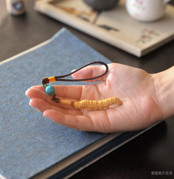 Boxwood Carved Collectible Handheld Piece, Pendant, and Ornament - Solid Wood Sculpture of Simulated Cordyceps Sinensis with Keychain